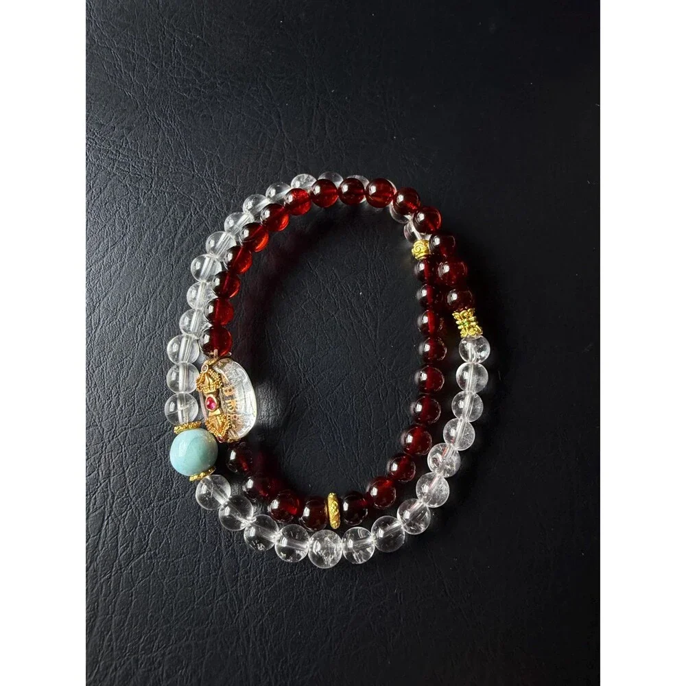 Natural Blood Amber crystal Double Wrap Bracelet Aquamarine Pixiu Charm16cm